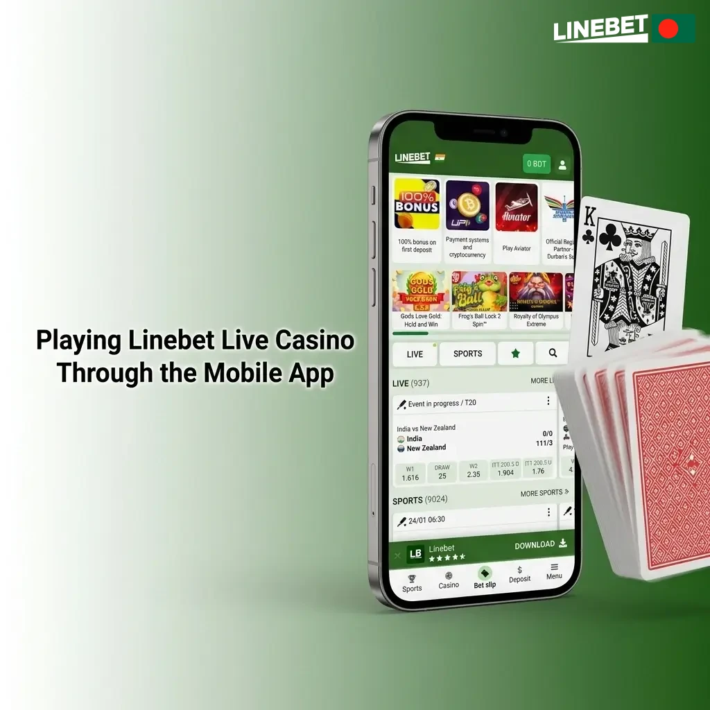 Linebet mobile app live casino section showing Android and iOS access to live dealer tables and games