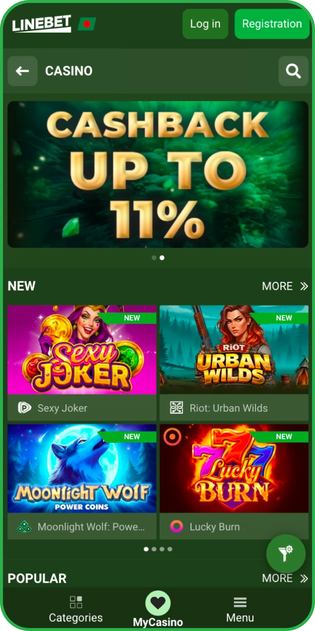Navigate the casino user interface in the Linebet App for games.