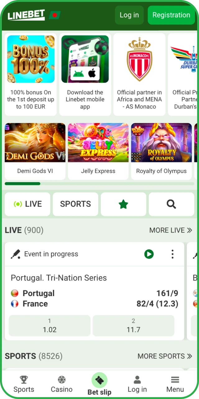 Explore the home page user interface of the official Linebet App.